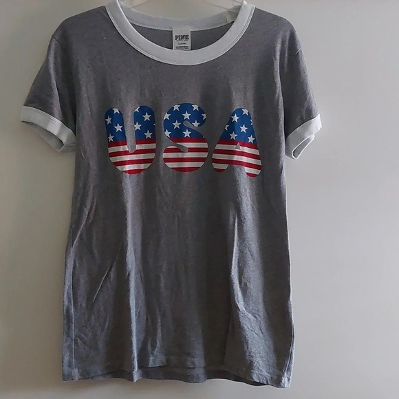 VS PINK 2017  Ringer USA Tee-Shirt 🇺🇸 Medium Patriotic 4th of July Casu - Picture 4 of 6